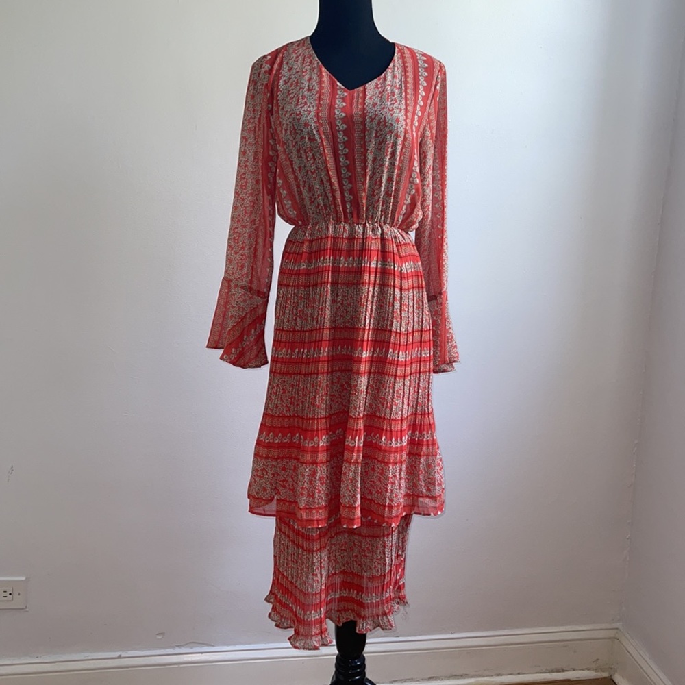 Women Tiered orange ruffle long full sleeve dress